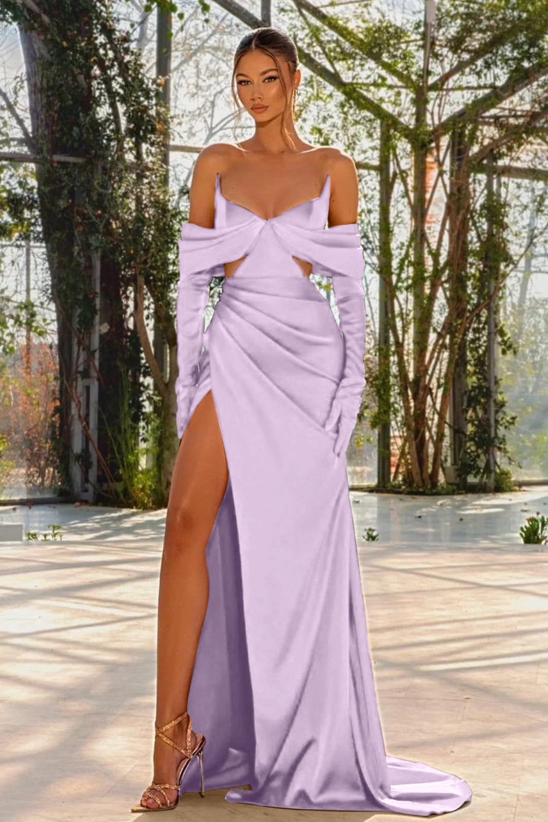 Off the Shoulder Prom Dress Red Half Sleeves With Slit Pleated Gloves BMBRIDE