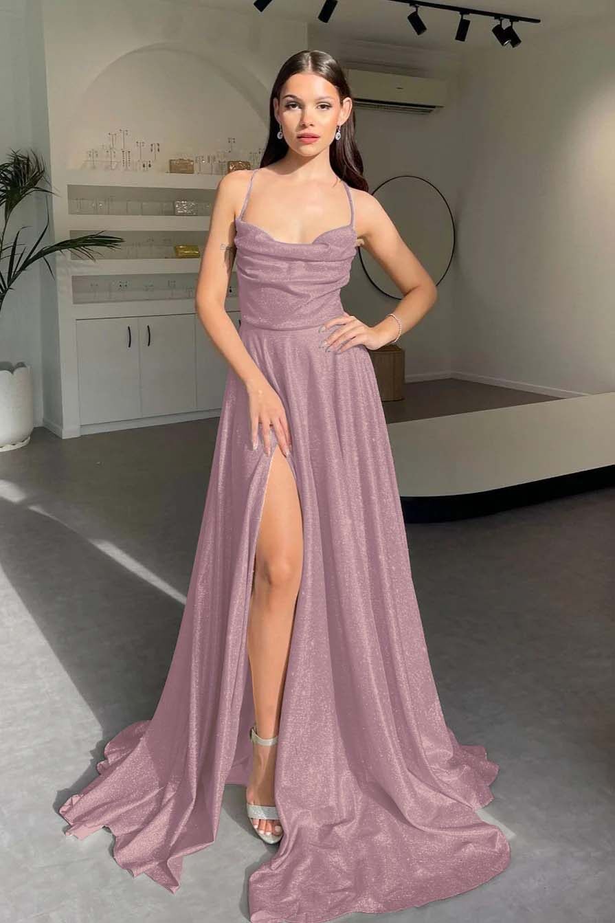 Halter Sleeveless Long Split Prom Dress With Pleated Sequins