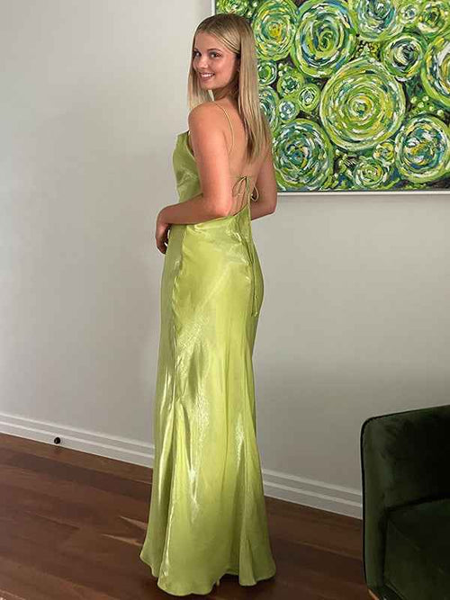Light Green Sheath Spaghetti Straps Long Prom Party Dress with Backless BMBRIDE