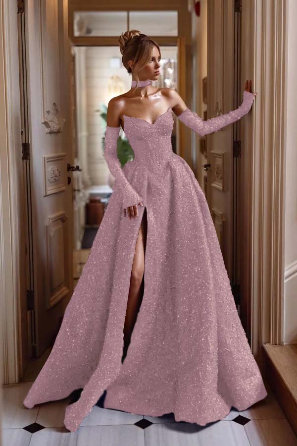 Strapless Sleeveless Long Split Prom Dress With Sequins Detachable sleeves