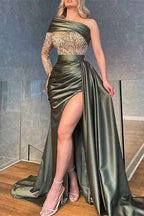 Long Sleeve One Shoulder High Waist Pleated Prom Dress Split With Beadings
