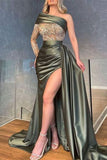 One Shoulder Long Sleeves Mermaid Prom Dress with Beadings BM bride