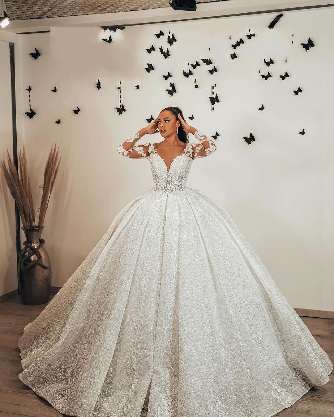 Ball Gown Sweetheart Long Sleeve Wedding Dress with Ruffles, Lace Appliques, and Sequins BM bride
