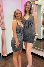Sparkly Navy Beaded Corset Lace-Up Back Tight Short Homecoming Dress Bmbride