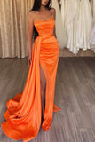 Orange Strapless Long Mermaid Prom Dress Split with Ruffles BM bride