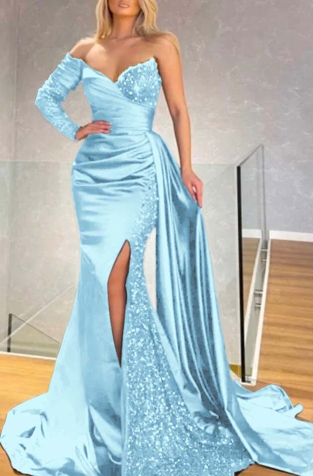 Long Sleeve Strapless Long Split Prom Dress With Pleated Sequins BMBRIDE