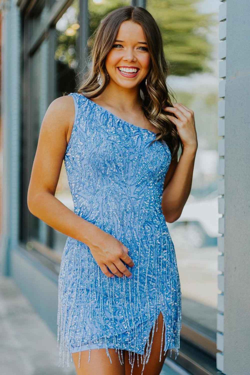 Sparkly Blue Beaded Fringed Tight Short Homecoming Dress Bmbride