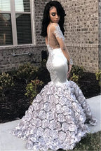 Royal Silver Long Sleeve Flower Appliqued Mermaid Prom Dress BM bride