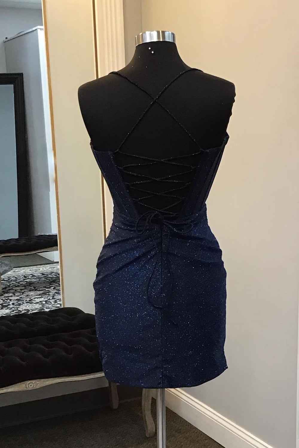 Sparkly Navy Beaded Corset Tight Short Homecoming Dress Bmbride