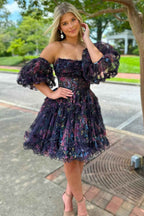 Blue Printed Detachable Sleeves Ruffled Short Homecoming Dress Bmbride