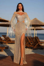 Chic Jewel Necks Long Sleeves Beadings High Split Prom Dress With Tassel