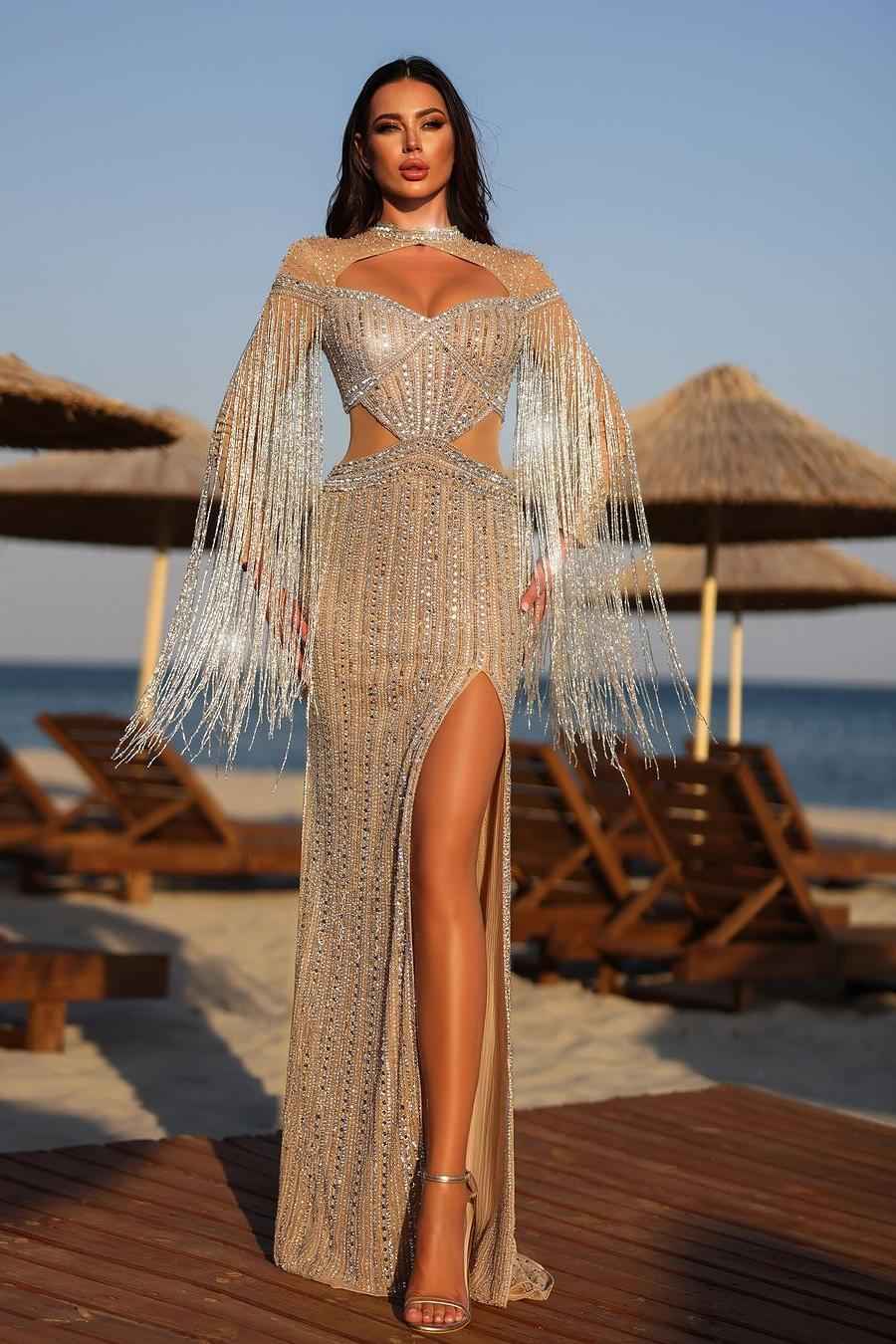 Chic Jewel Necks Long Sleeves Beadings High Split Prom Dress With Tassel