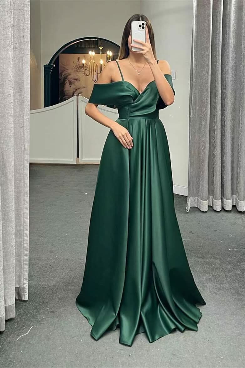 Spaghetti-Straps Off-the-Shoulder A-Line Lace-Up Back Long Evening Dress BM bride