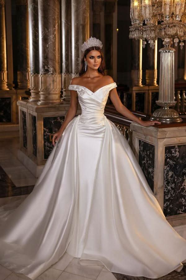 A-Line Off-the-Shoulder Sweetheart Backless Satin Wedding Dress with Ruffles and Appliques BM bride