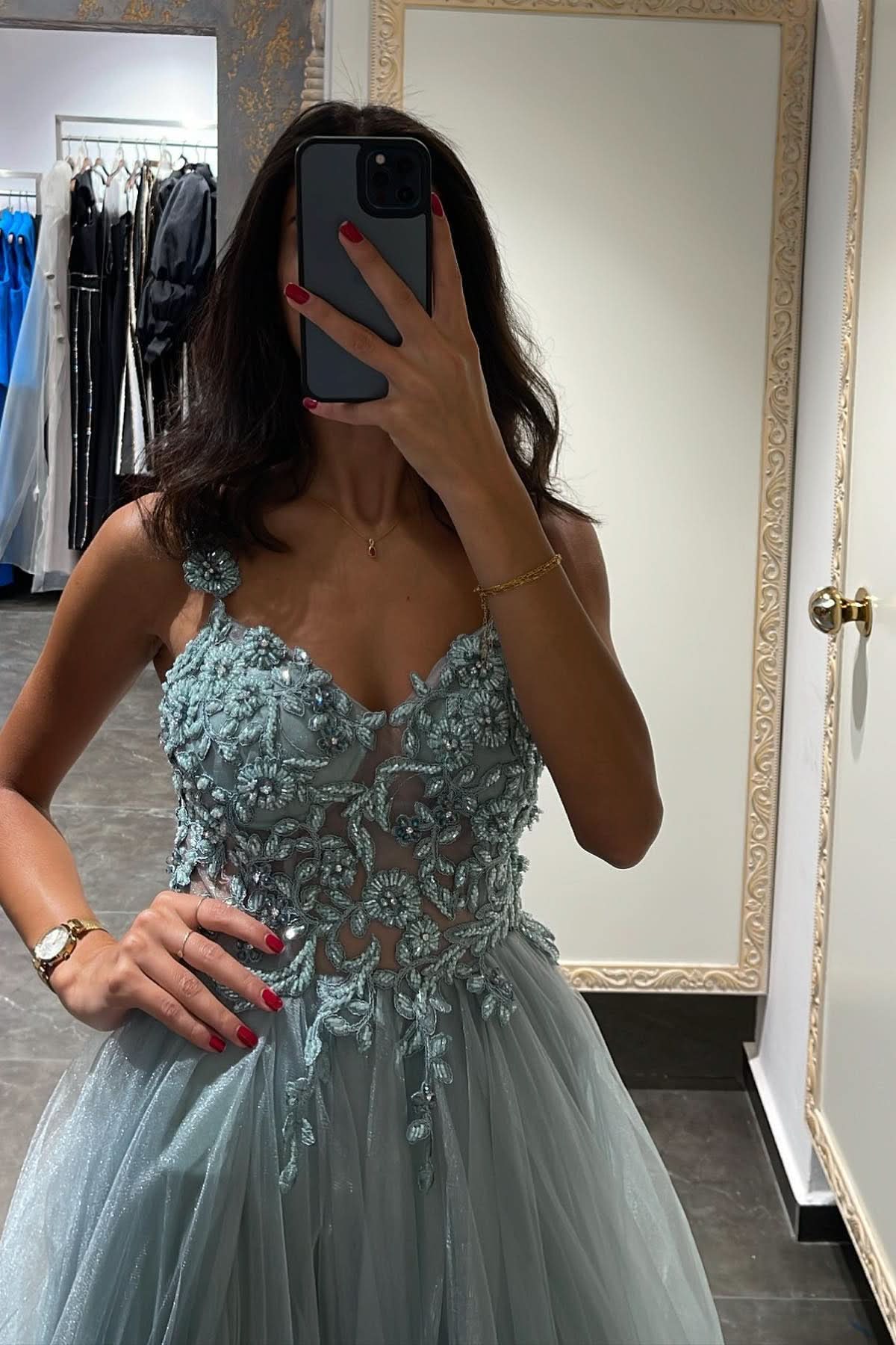 Elegant Spaghetti-Strap Mermaid Prom Dress with Appliques and Beadings BM bride
