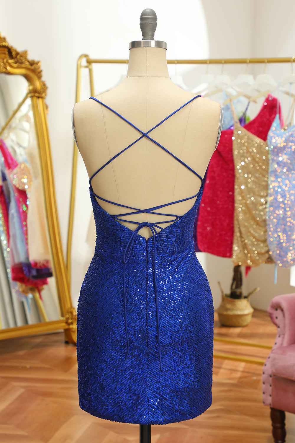 Blue Sequins Tight Backless Short Homecoming Dress Bmbride