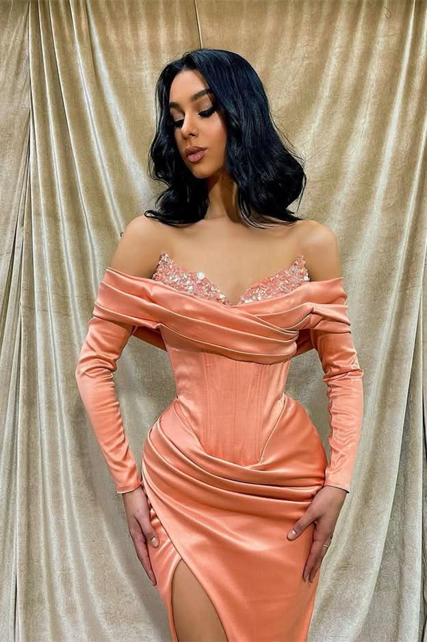 Off-The-Shoulder Long Sleeves Front Split Mermaid Prom Dress with Sequins BM bride