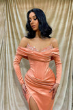 Off-The-Shoulder Long Sleeves Front Split Mermaid Prom Dress with Sequins BM bride