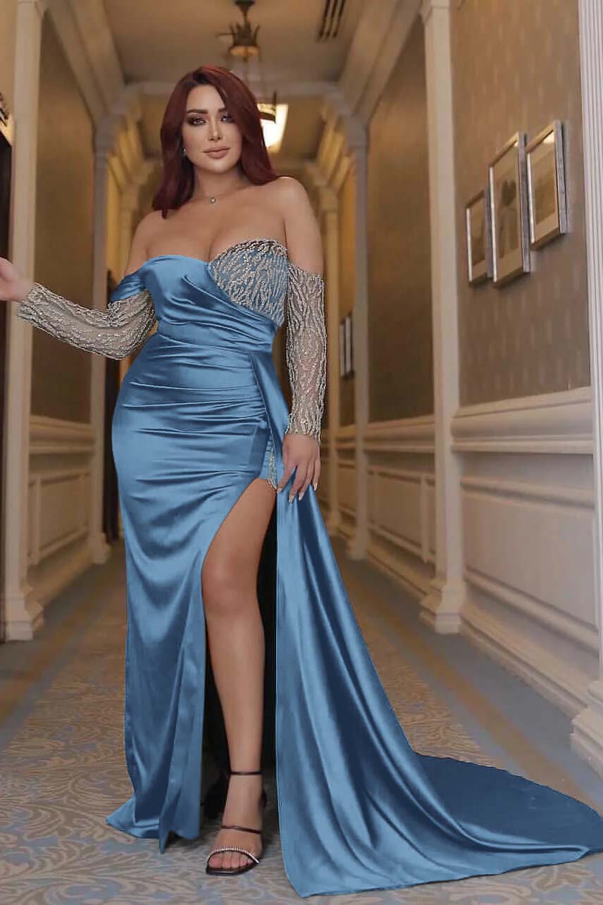 Sexy Emerald Green Off the Shoulder Long Sleeves Mermaid Prom Dress With Beading Split BMBRIDE