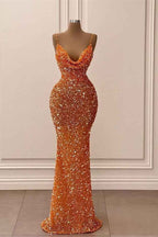 Chic Orange Sleeveless Spaghetti Strap Mermaid Long Prom Dress With Sequins