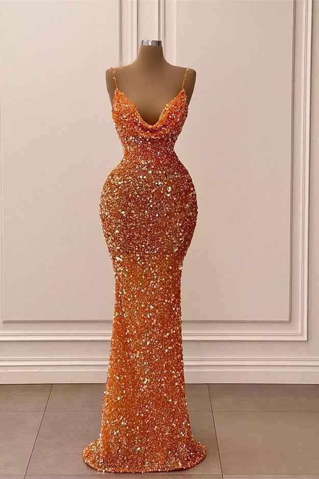 Chic Orange Sleeveless Spaghetti Strap Mermaid Long Prom Dress With Sequins
