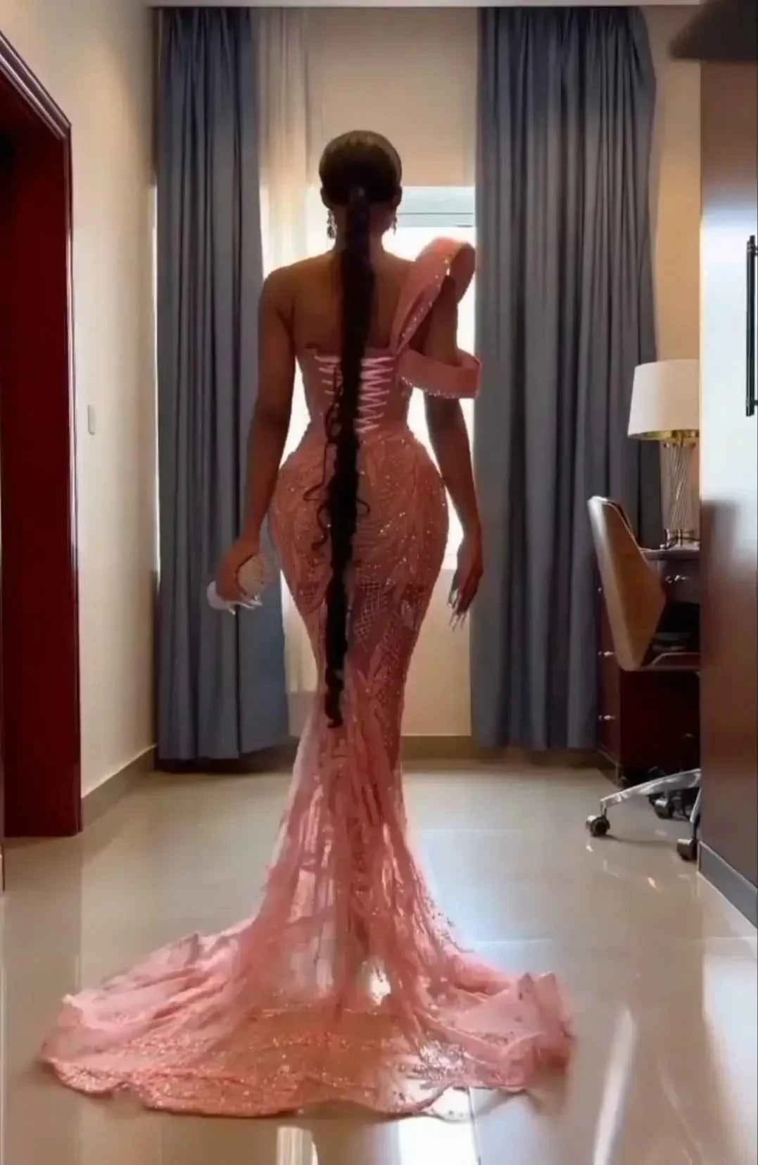 Gorgeous Beading Embroidery One shoulder Pink Mermaid Long Prom Dress
