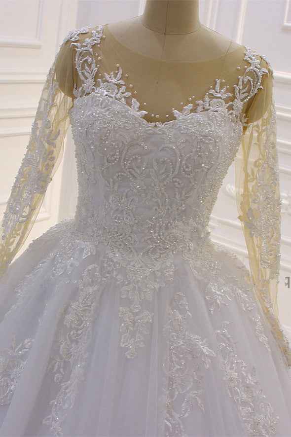 Bateau Long Sleeve Lace A-Line Wedding Dress with Pearls and Tulle Appliques BM bride