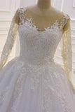 Bateau Long Sleeve Lace A-Line Wedding Dress with Pearls and Tulle Appliques BM bride