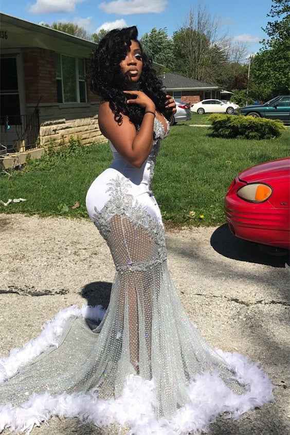 Halter Neck Mermaid Long Prom Dress Waist Skimming With Appliques Feathers