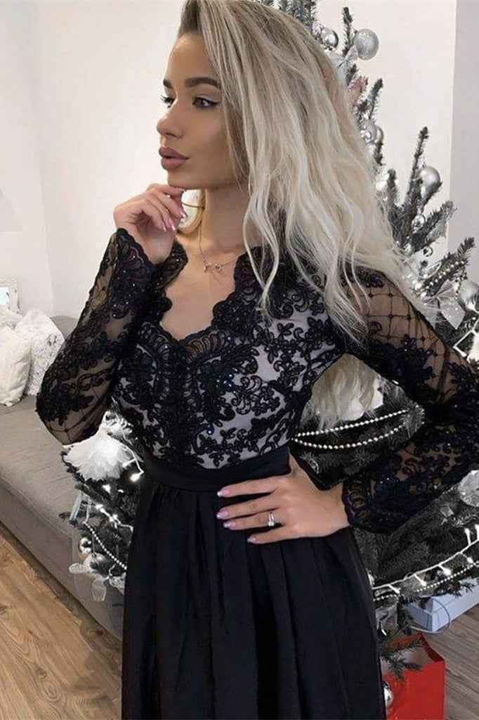 Black Long Sleeves High Waist Side Split Long Prom Dress With Appliques
