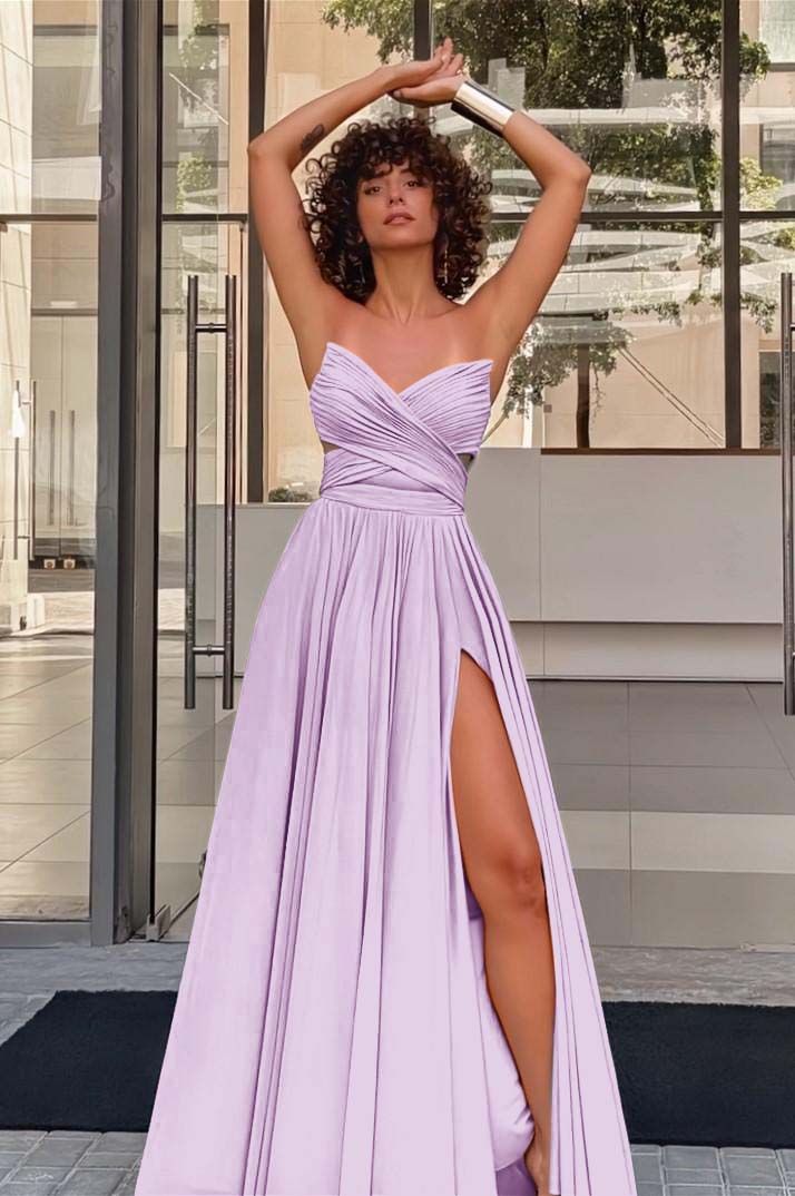 Strapless Sleeveless Long High Split Prom Dress With Pleated BMBRIDE