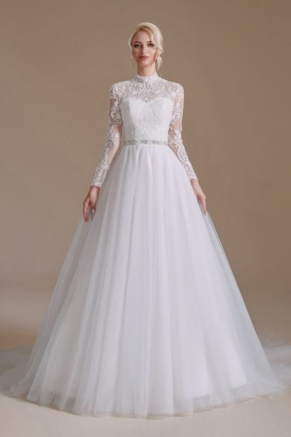 Modest A-Line High Neck Long Sleeve Wedding Dress with Tulle Lace BM bride
