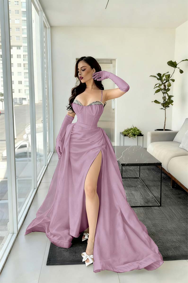 Spaghetti Strap Sleeveless Long Mermaid Prom Dress With Split Gloves BMBRIDE