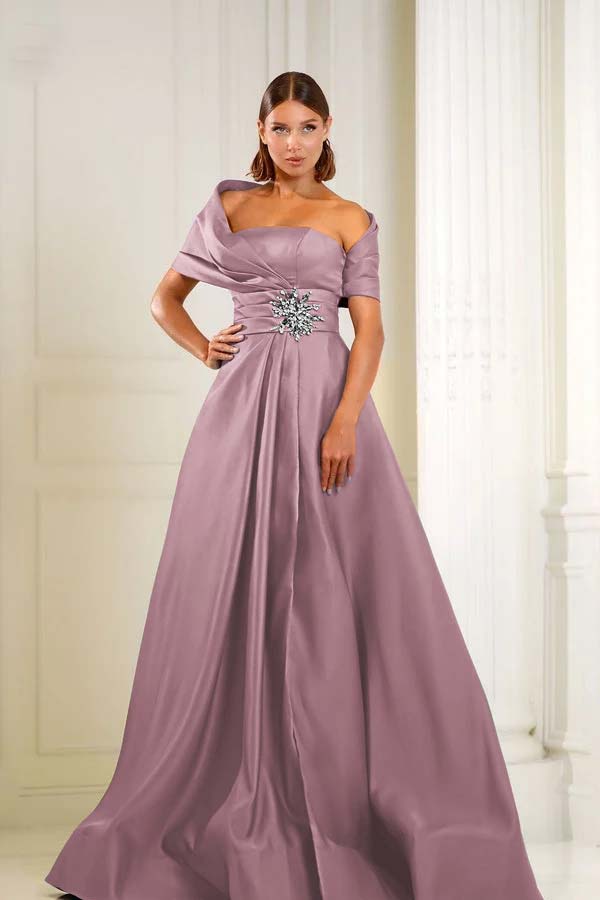 Off the Shoulder Sleeveless Long Prom Dress With Pleated Beading BMBRIDE