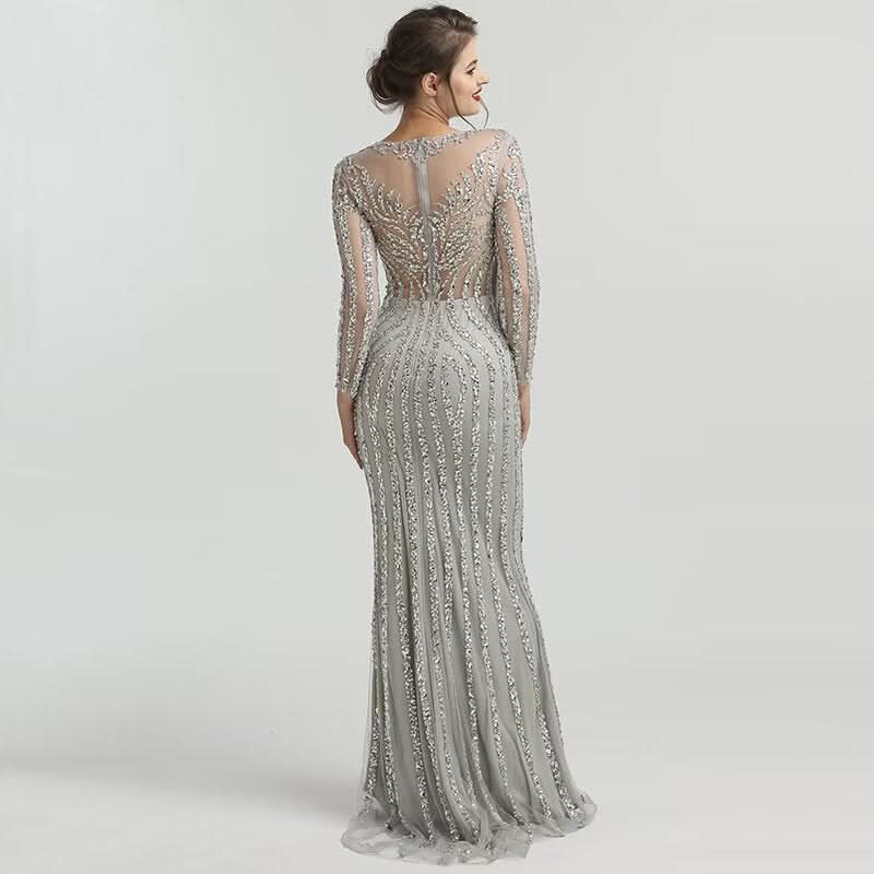 Grey Luxury Long Sleeves Evening Dress with Sparkly Diamond Beading BM bride