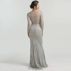 Grey Luxury Long Sleeves Evening Dress with Sparkly Diamond Beading BM bride