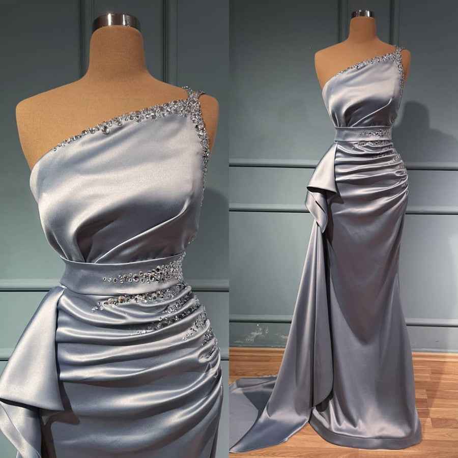 One Shoulder Sleeveless Beadings Prom Dress Shiny Sliver With Belts Online
