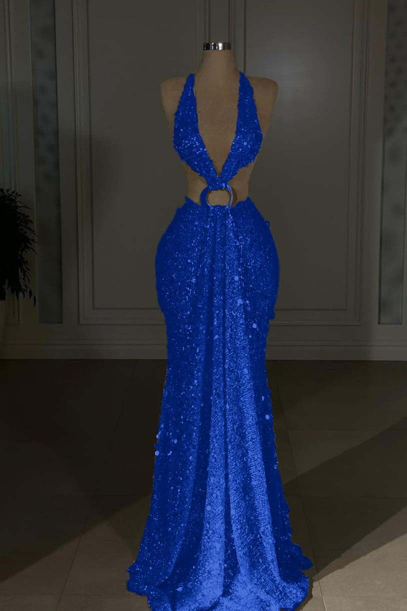 Halter Sleeveless Backless Long Mermaid Prom Dress With Sequins