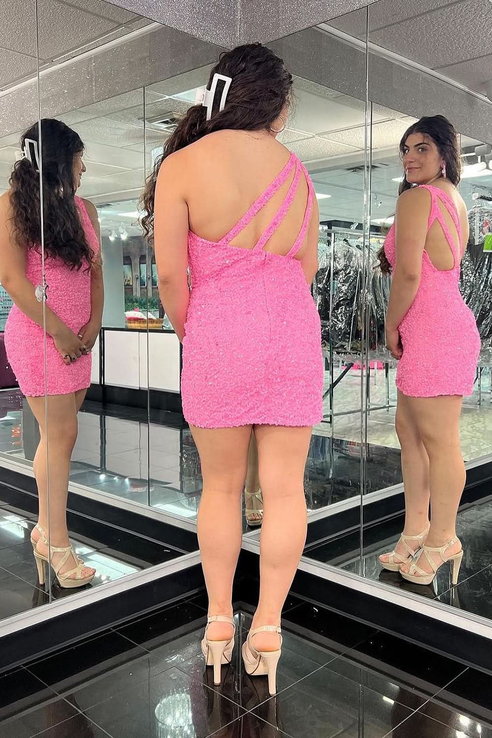 Fuchsia Sequins One Shoulder Homecoming Dress