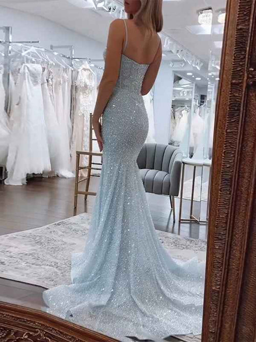 Light Blue Mermaid Spaghetti Straps Long Prom Dress with Beading BMBRIDE