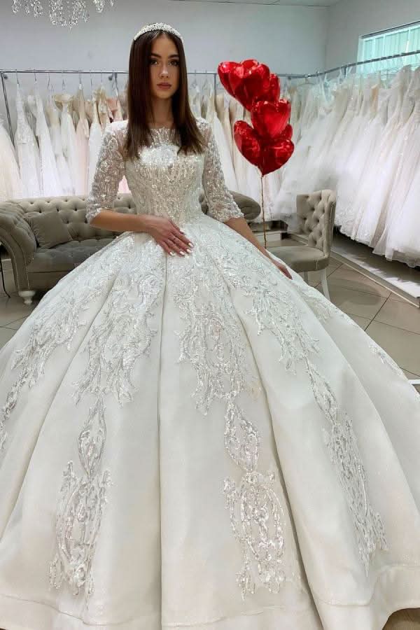 Gorgeous Bateau Satin Floor-length Princess Wedding Dress Long Sleeves With Appliques Lace BM bride