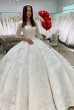 Gorgeous Bateau Satin Floor-length Princess Wedding Dress Long Sleeves With Appliques Lace BM bride
