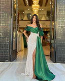 Glamorous Green Off-the-Shoulder Sequined Prom Dress with Slit BM bride
