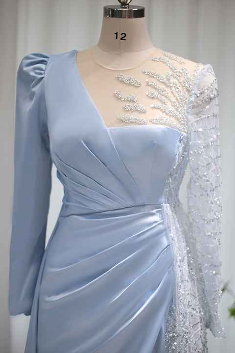 Baby Blue A Line Prom Dress Long Sleeves With Sparkle Sequins Ruffles