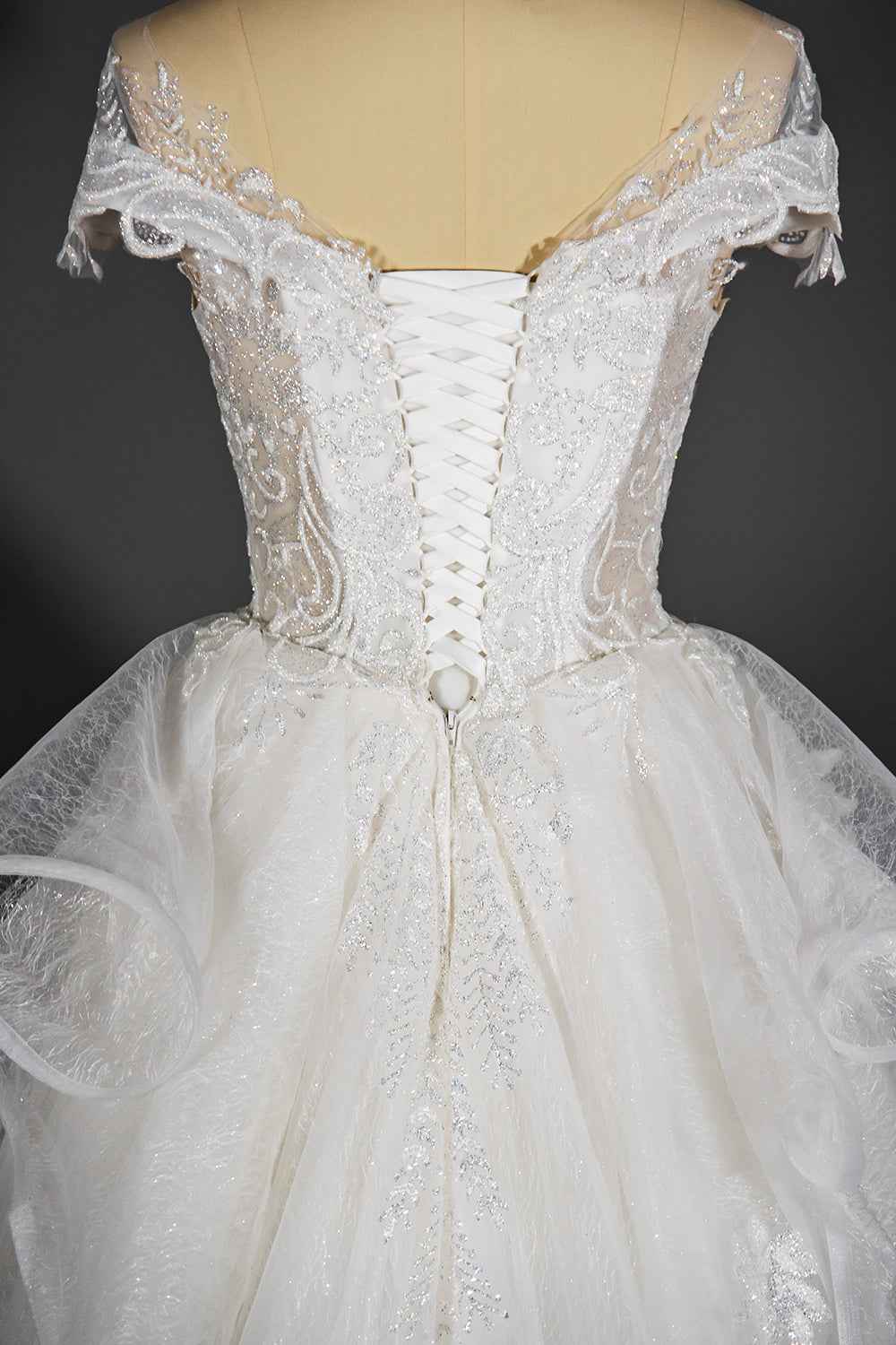 Sequined Short Sleeve Appliqued Ball Gown Wedding Dress with Tulle Ruffles BM bride