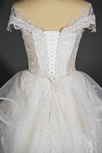 Sequined Short Sleeve Appliqued Ball Gown Wedding Dress with Tulle Ruffles BM bride