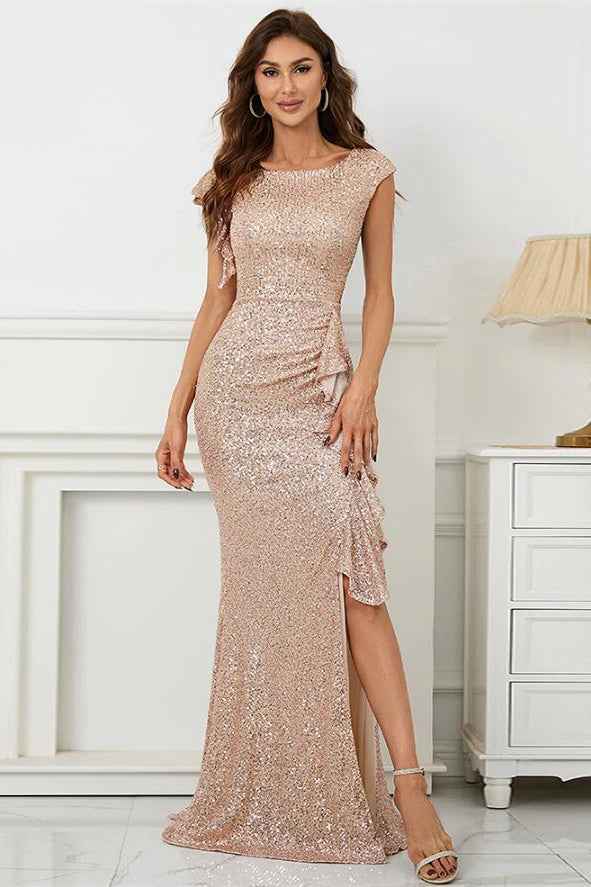 Mermaid Scoop Split Prom Dress With Cap Sleeves Ruffle On Sale