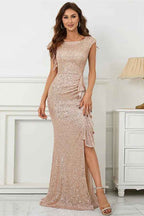 Mermaid Scoop Split Prom Dress With Cap Sleeves Ruffle On Sale