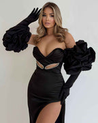 Classic Long Prom Dress Black With Bubble Sleeves High Slit Gown
