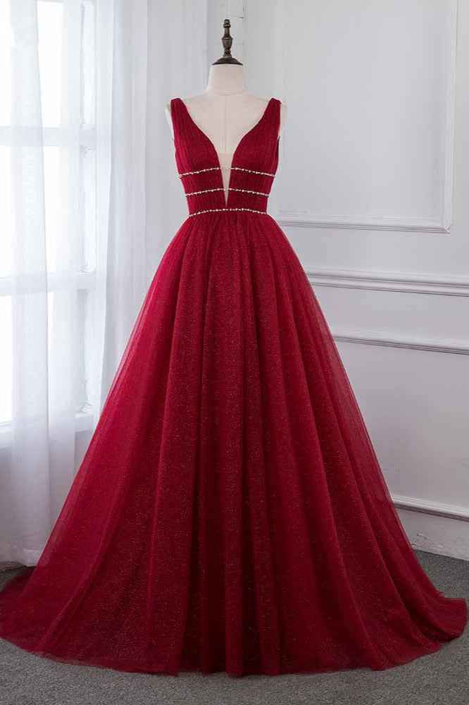 Burgundy V Neck Sleeveless A Line Long Prom Dress With Beading